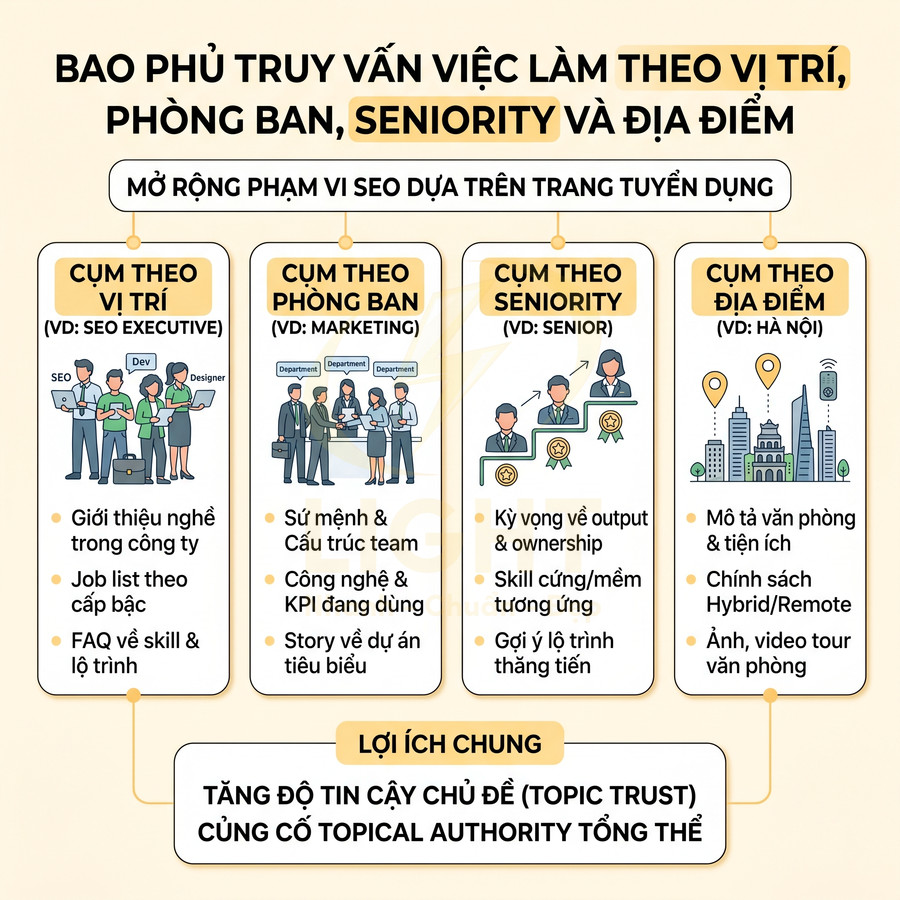 Infographic chiến lược SEO tuyển dụng theo vị trí phòng ban seniority và địa điểm cùng lợi ích tăng topical authority